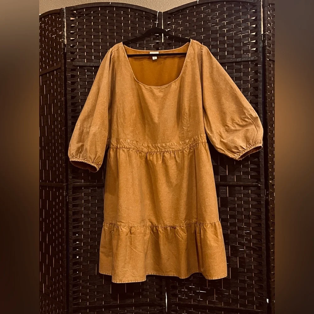 Ava & Viv tiered dress. Balloon 3/4-Sleeve A-Line. Midi, 100% cotton. Mustard 4X - Picture 3 of 12